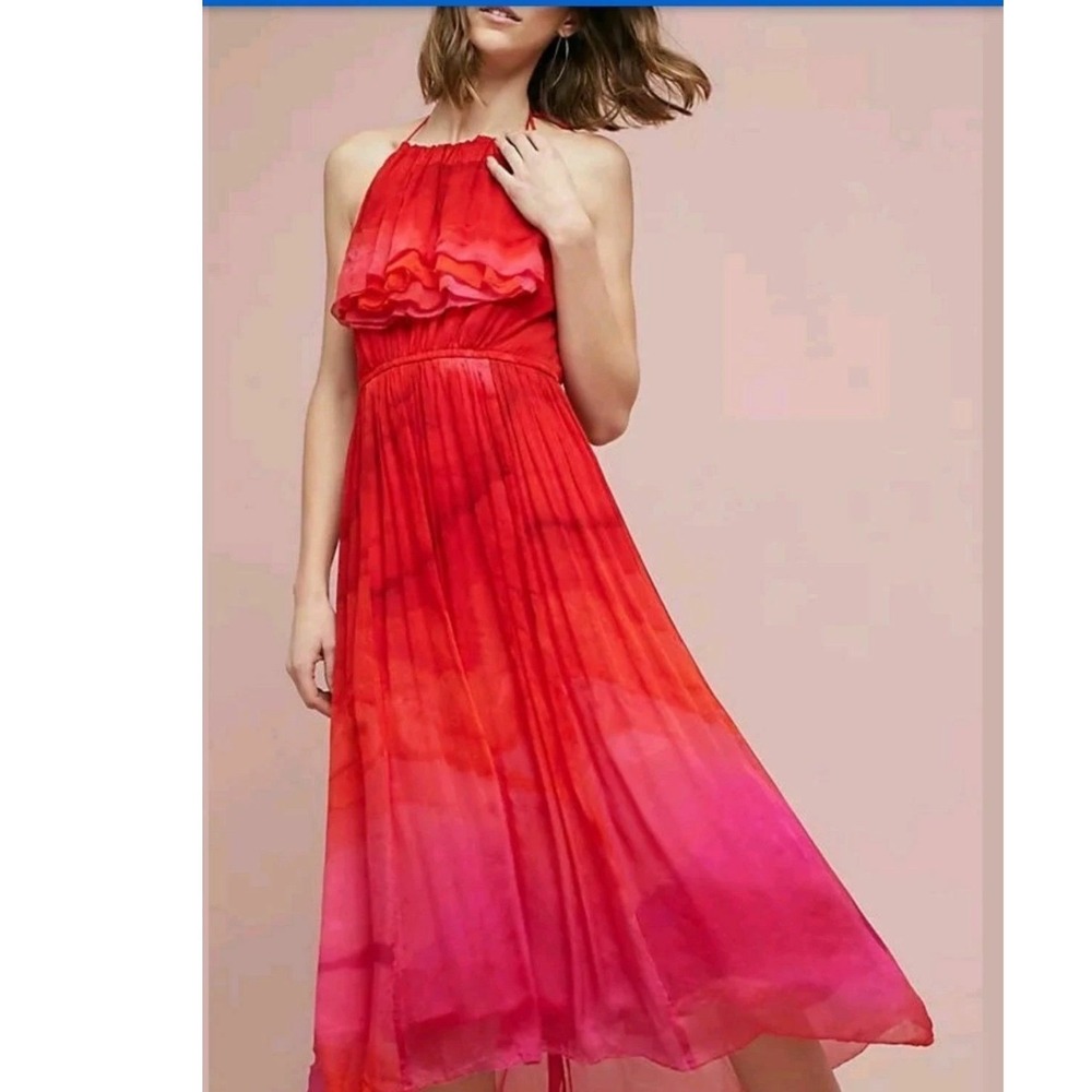 Anthropologie Tracy Reese Red Pink Ombre Halter ethereal Dress Ruffle‎ cascade s